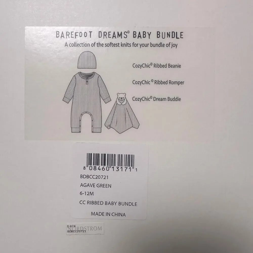 Barefoot Dreams Baby Bundle Ribbed Beanie Ribbed Romper Dream Buddy NEW